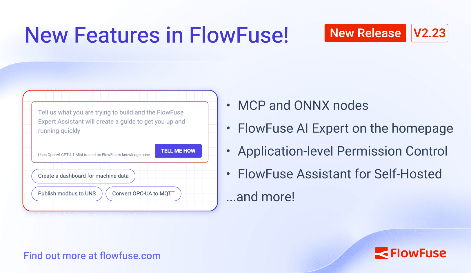 Image representing FlowFuse 2.23: MCP and ONNX nodes, FlowFuse AI Expert on the homepage, Application-level Permission Control, FlowFuse Assistant for Self-Hosted, and more!